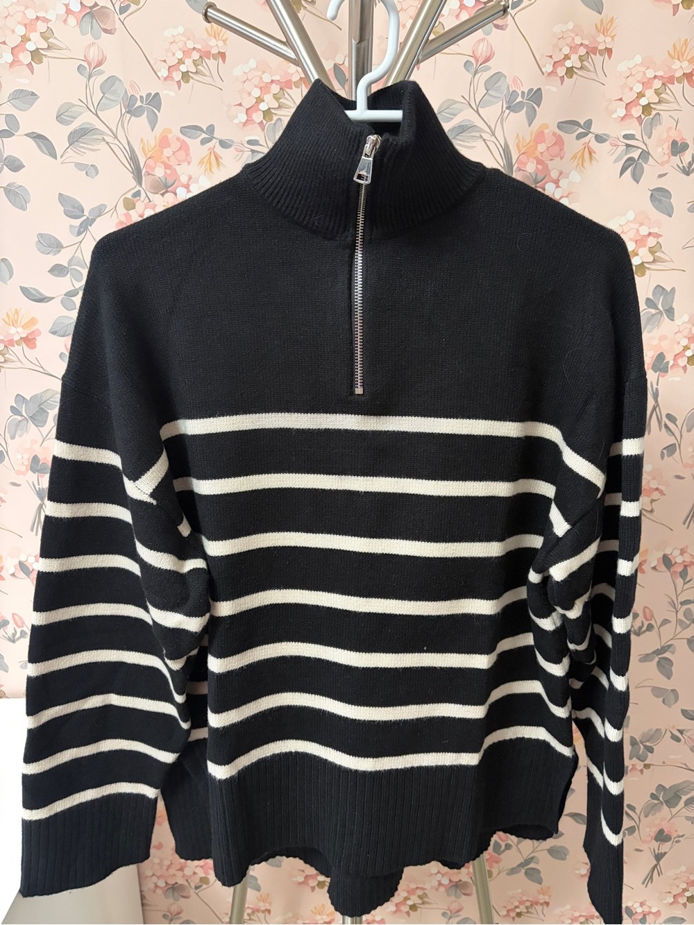 Zara Black and White Striped Zip Mock-Neck Sweater